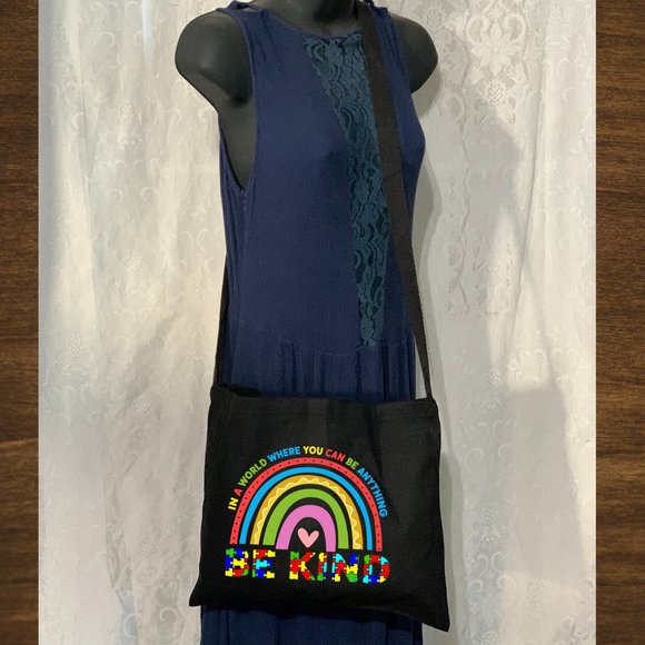 Be Kind Autism Rainbow Crossbody Messenger Tote Bag with Long Strap - Picture 1 of 2